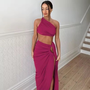 Set 2 piese cu bustiera pe un umăr și fustă lungă cu crăpătură , roz fucsia #ZZ2148 - Img 5