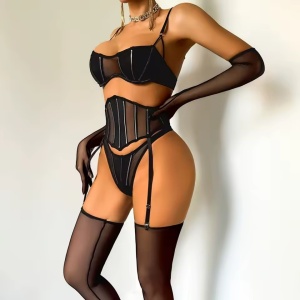 Set lenjerie intima sexy cu balene de sustinere, manusi si ciorapi, 5 piese, negru #ZZ4225 - Img 4