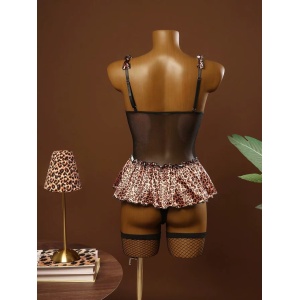 Set lenjerie intima sexy cu body, fustita si ciorapi plasa, negru/ leopard print, 3 piese #ZZ4453 - Img 6
