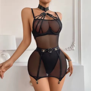 Set lenjerie intima sexy cu body si fusta, negru, 3 piese #ZZ4105 - Img 4