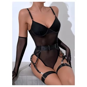 Set lenjerie intima sexy cu body si manusi lungi , negru, 4 piese #ZZ4274 - Img 3