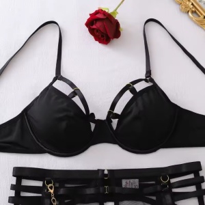 Set lenjerie intima sexy cu bretele decorative si ciorapi inalti, 4 piese, negru, #ZZ4070 - Img 11