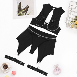 Set lenjerie intima sexy cu bretele si lantisoare decorative, negru, 4 piese #ZZ4342 - Img 5