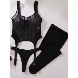 Set lenjerie intima sexy cu corset, portjartier si ciorapi, 3 piese, negru, #ZZ4528 - Img 10