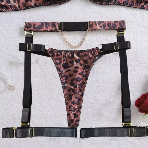 Set lenjerie intima sexy cu decupaje și imprimeu leopard, negru/ maro , 5 piese #ZZ4194 - Img 10