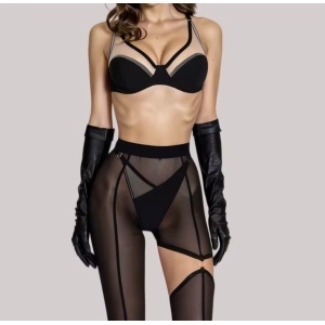 Set lenjerie intima sexy cu pantaloni semitransparenti, 3 piese, negru, #ZZ4333