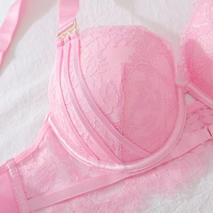 Set lenjerie intima sexy din dantel, sutien cu cupe buretate, roz, 4 piese #ZZ4648 - Img 8