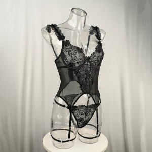 Set lenjerie intima sexy din dantela brodata cu bustiera, negru, 3 piese #ZZ4581 - Img 9