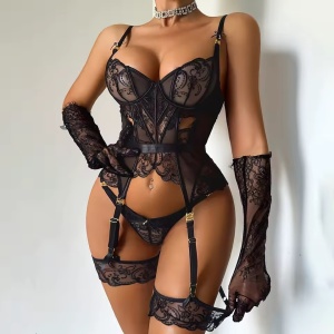Set lenjerie intima sexy din dantela brodata cu corset si manusi, 4 piese, negru #ZZ4122 - Img 5