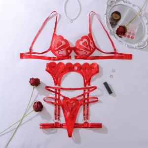 Set lenjerie intima sexy din dantela brodata cu inimioare, rosu, 4 piese #ZZ4381 - Img 7