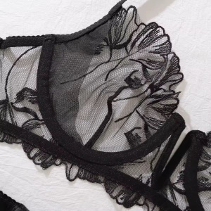 Set lenjerie intima sexy din dantela brodata cu manusi , negru, 5 piese #ZZ4631 - Img 8