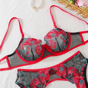 Set lenjerie intima sexy din dantela brodata cu motive florale, rosu/ negru, 3 piese #ZZ4633 - Img 12