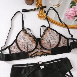 Set lenjerie intima sexy din dantela brodata, negru/ maro, 5 piese #ZZ4920 - Img 10