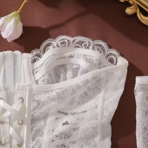 Set lenjerie intima sexy din dantela cu corset, ciorapi si manusi, 4 piese, alb, #ZZ4248 - Img 10