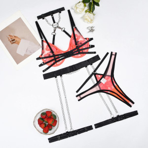 Set lenjerie intima sexy din dantela cu decupaje si lantisoare metalice, negru/ portocaliu, 5 piese #ZZ4147 - Img 10