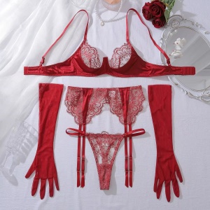 Set lenjerie intima sexy din dantela cu manusi lungi, rosu, 4 piese#ZZ4537 - Img 2