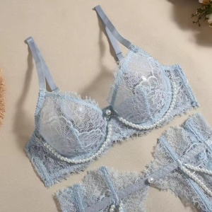 Set lenjerie intima sexy din dantela cu perle decorative, bleu, 4 piese#ZZ4009 - Img 6