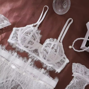 Set lenjerie intima sexy din dantela cu puf decorativ si manusi , alb, 4 piese #ZZ4641 - Img 11