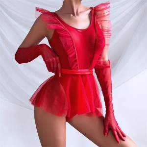 Set lenjerie intima sexy din dantela fina si tul cu body tanga si manusi, rosu, 3 piese #ZZ4951 - Img 5