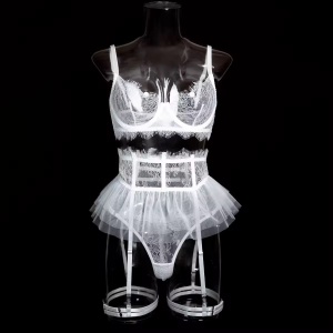 Set lenjerie intima sexy din dantela si tulle, alb, 4 piese #ZZ4013 - Img 9