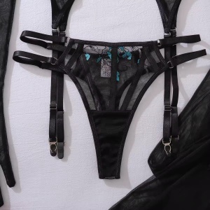 Set lenjerie intima sexy din dantelată brodată cu mănuși și ciorapi, negru, 5 piese #ZZ4295 - Img 11