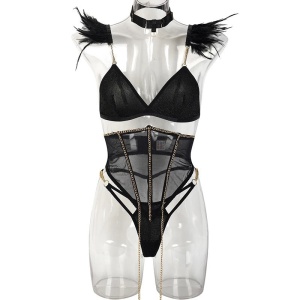 Set lenjerie intima sexy din plasa elastica, corset cu burete, negru, 4 piese #ZZ4938 - Img 7