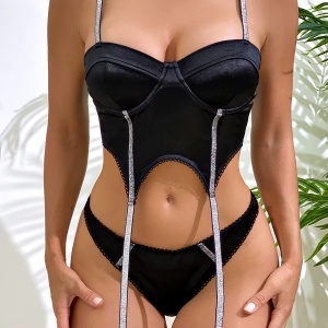 Set lenjerie intima sexy satinata cu benzi argintii decorative, 2 piese, negru, #ZZ4979 - Img 4