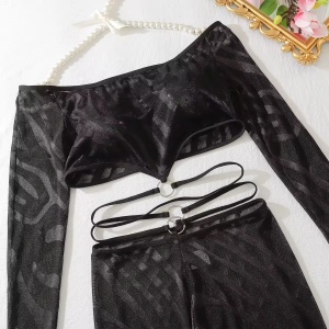 Set lenjerie intima sexy semitransparenta cu imprimeu, negru, 3 piese #ZZ4625 - Img 11
