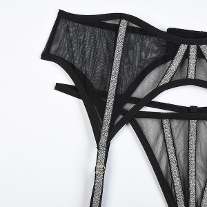 Set lenjerie sexy din dantela fina elastica cu benzi argintii, negru, 4 piese #ZZ4936 - Img 9