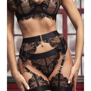 🔥Oferta zilei 🔥Set lenjerie intima sexy din dantela fina cu broderie si catarame decorative, negru, 4 piese #ZZ4065 - Img 9