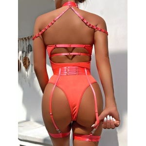 Body sexy cu benzi, catarame decorative, accesoriu talie cu portjartier, corai, 3 piese #ZZ4928 - Img 6