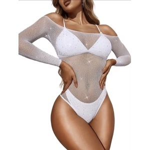 Body sexy elastic din plasa fina cu cristale decorative, alb #ZZ4619