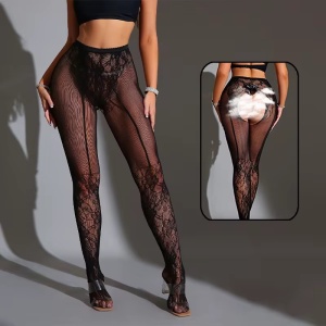 Ciorapi sexy tip dres din plasa fina elastica cu model brodat si decupaj, negru #ZZ4125 - Img 5