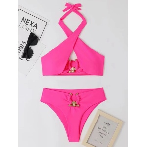 Costum de baie 2 cu catarame metalice aurii la slip si sutien, roz neon #ZZ2112 - Img 6