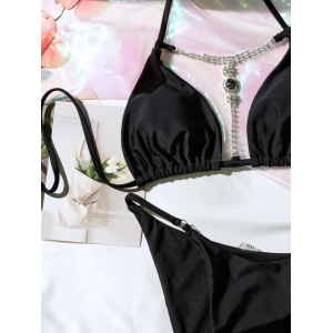 Costum de baie 2 piese, accesoriu metalic cu cristale la sutien, negru#ZZ2897 - Img 7