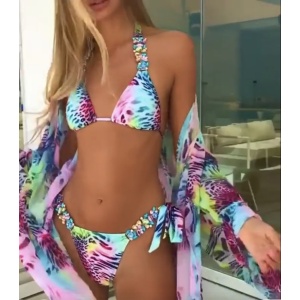 Costum de baie 2 piese animal print cu cristale decorative si slip brzilian, multicolor #ZZ2922 - Img 9