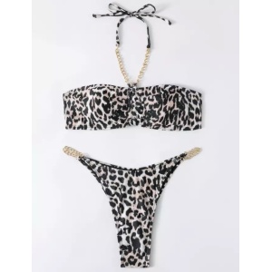 Costum de baie 2 piese animal print, cu lantisoare metalice aurii, negru/maro #ZZ2872 - Img 3