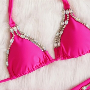 Costum de baie 2 piese brazilian cu cristale decorative la slip si sutien, roz neon #ZZ2121 - Img 9