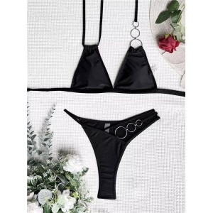 Costum de baie 2 piese cu cercuri metalice decorative, negru#ZZ2899 - Img 4
