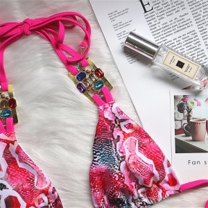 Costum de baie 2 piese cu cristale decorative la sutien, imprimeu sarpe, roz #ZZ2910 - Img 10