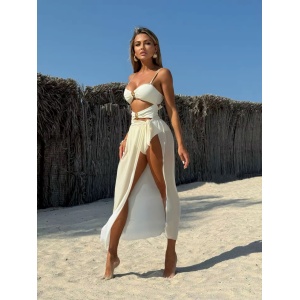 Costum de baie 2 piese cu fusta lunga si accesorii metalice aurii, alb ivoire #ZZ3046 - Img 5
