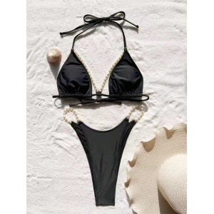 Costum de baie 2 piese cu perle albe decorative la slip si sutien, negru #ZZ2025 - Img 3