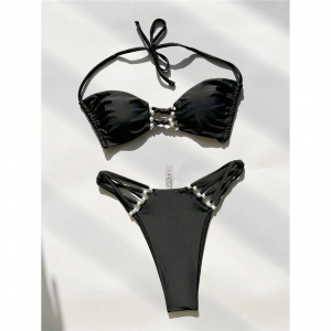 Costum de baie 2 piese cu perle albe decorative, slip tanga, negru #ZZ2093 - Img 2