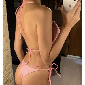 Costum de baie 2 piese cu perle decorative si slip tanga, roz #ZZ2764 - Img 6