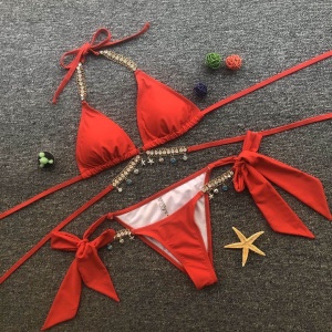 Costum de baie 2 piese cu slip reglabil si cristale decorative, rosu #ZZ2836 - Img 5