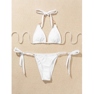 Costum de baie 2 piese cu slip reglabil si perle decorative, alb #ZZ2831 - Img 2