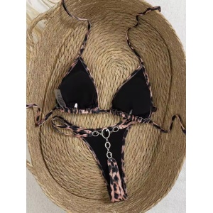 Costum de baie 2 piese cu slip tanga, cristale decorative, animal print, maro/ negru #ZZ2018 - Img 4