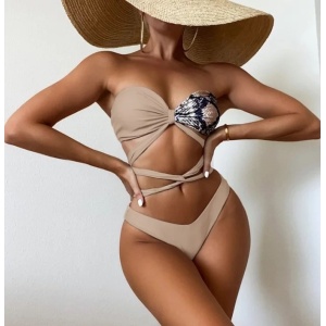 Costum de baie 2 piese cu snur decorativ la sutien, imprimeu sarpe , bej #ZZ2873