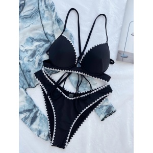 Costum de baie 2 piese, cupe tari din burete si contur decorativ alb, negru #ZZ2114 - Img 6