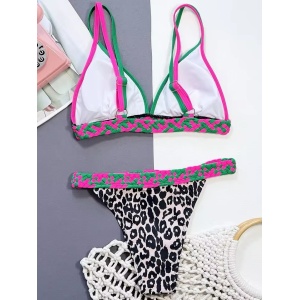 Costum de baie 2 piese, imprimeu leopard, benzi impletite la slip si sutien, multicolor #ZZ2031 - Img 6
